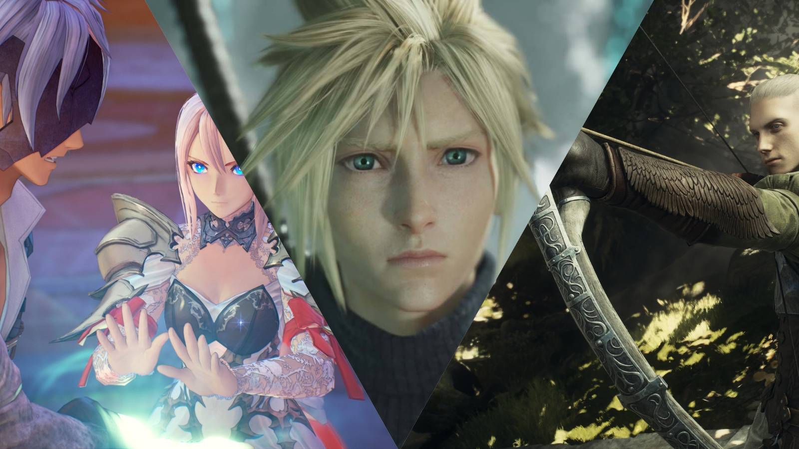 A split image of Tales of Arise, Final Fantasy 7, and Dragons Dogma 2