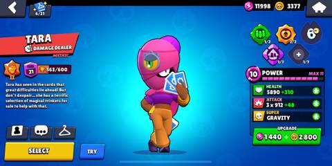 Tara standing in front of a blue background in the Brawl Stars menu