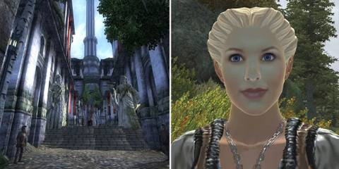 A split image of a town and an NPC in The Elder Scrolls 4 Oblivion