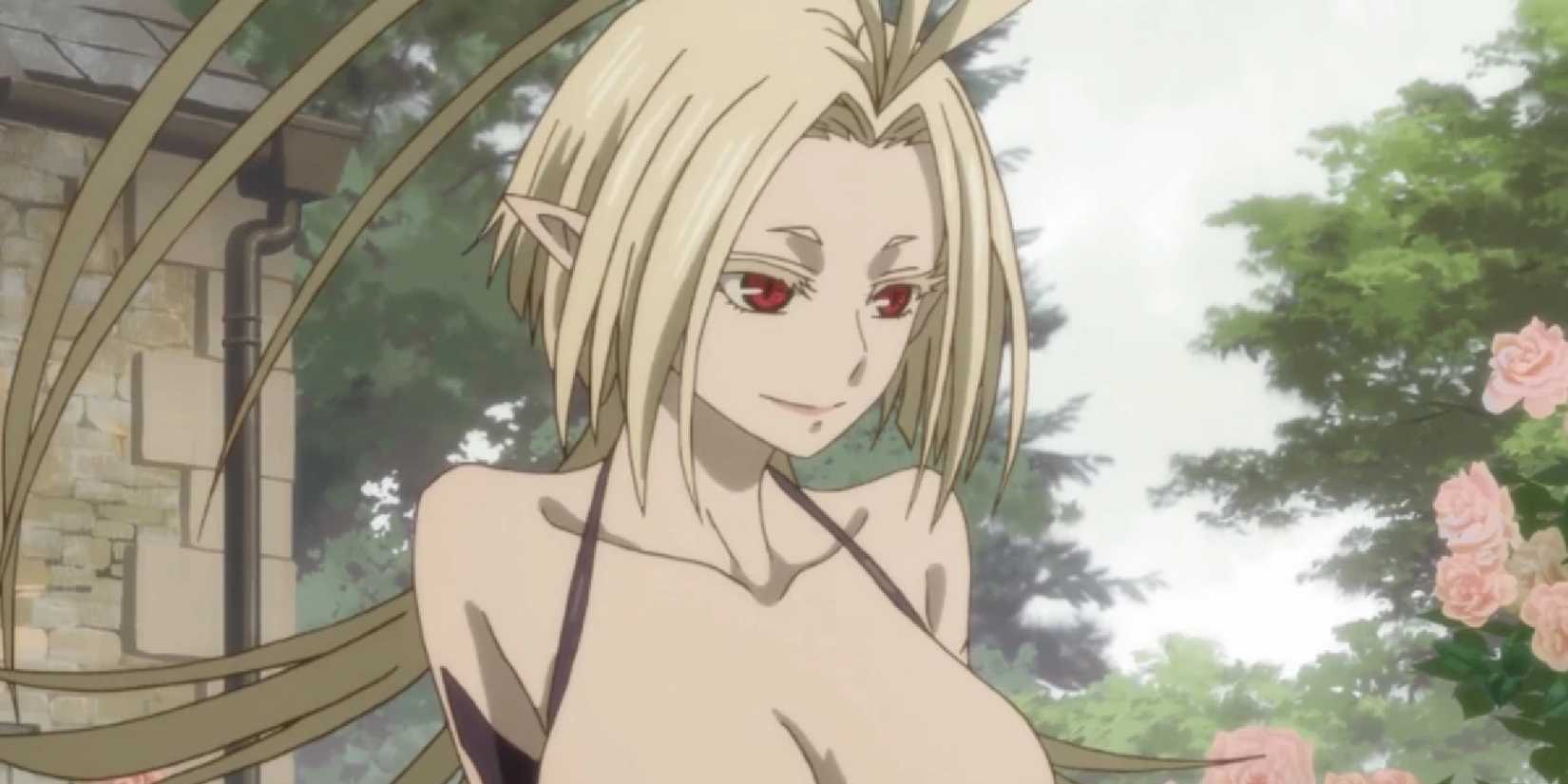 A Antiga Noiva Maga Groselha em frente a árvores e rosas, uma expressão contemplativa no rosto