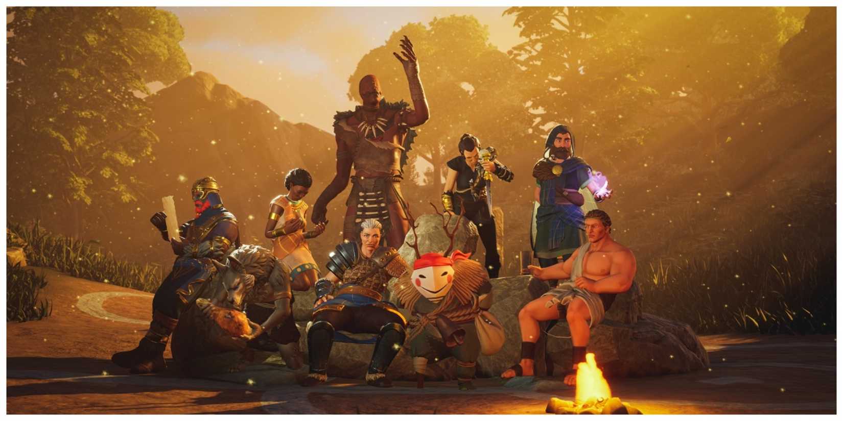 The Cast of Celtic Warriors around the campfire in The Waylanders