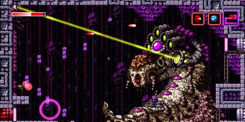 The character battles a massive boss firing a yellow laser. In Axiom Verge