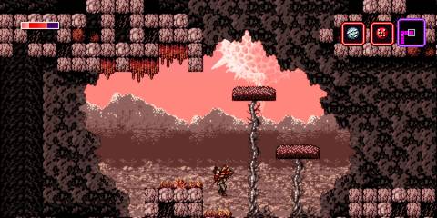 The character jumps between platforms in a cave with a pink sky in the background. In Axiom Verge