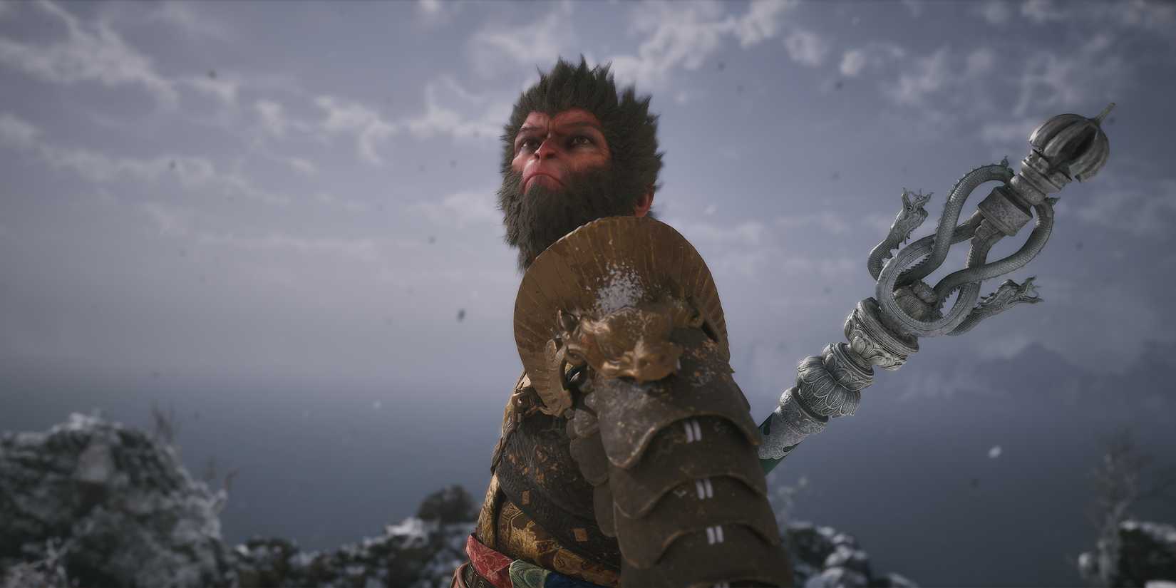 The Destined One looking up in the snow in Black Myth Wukong