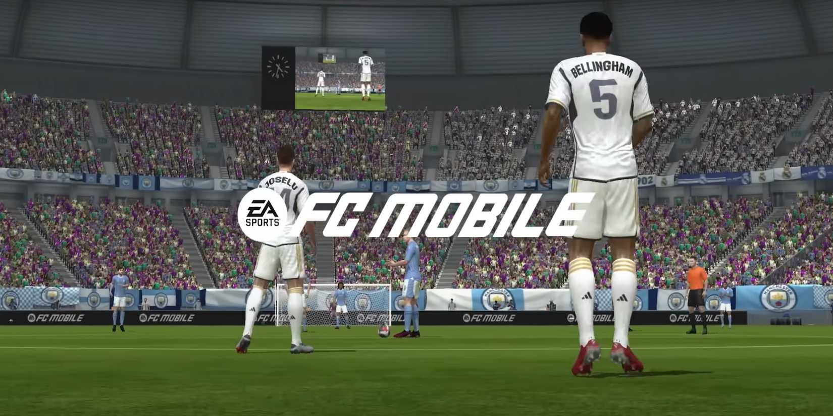The EA FC MOBILE Logo In Front of A Pitch Full Of Soccer Players