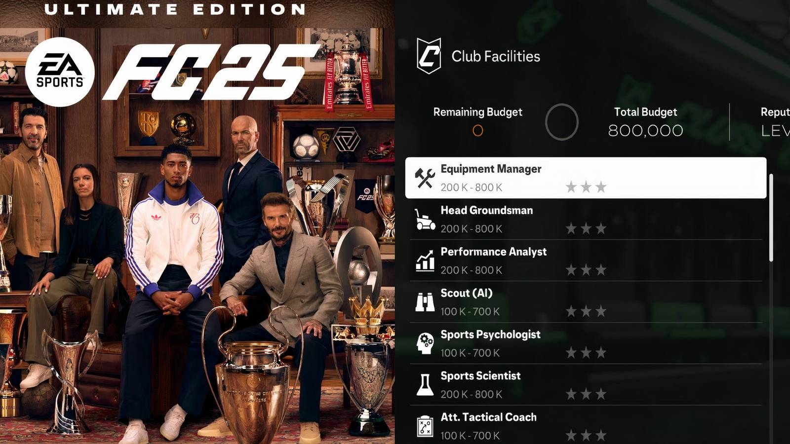 The EA Sports FC 25 Ultimate Edition cover featuring Bellingham, Beckham, and Zidane, and Facilities in Pro Clubs