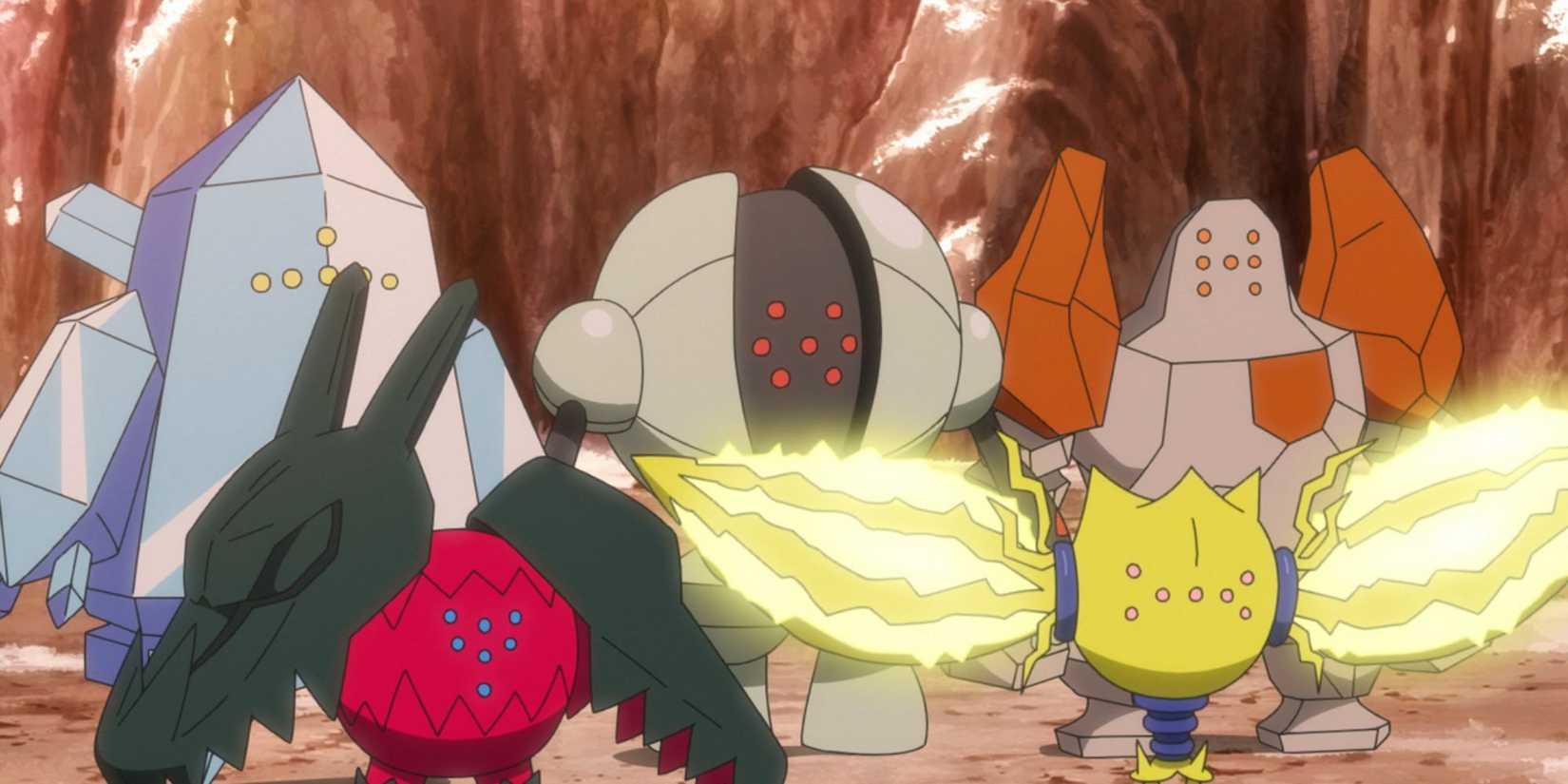 The five Legendary Giants in the anime: Regirock, Regice, Registeel, Regieleki and Regidrago.