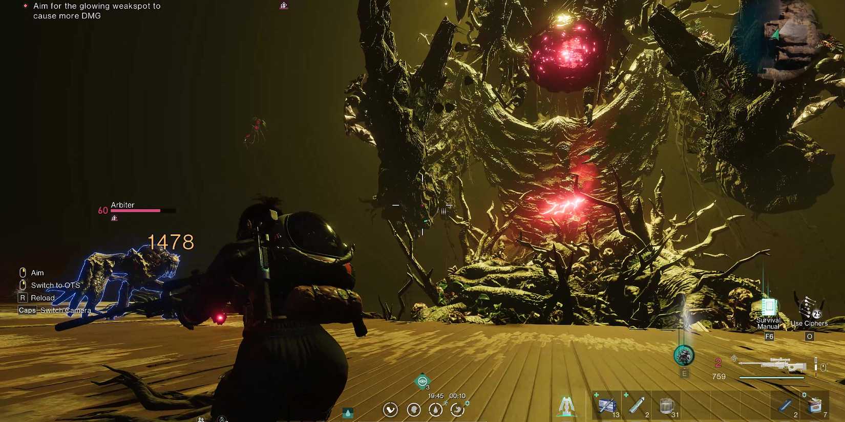 Screenshot showcasing The Forsaken Giant's charge up range attack during the third phase in Once Human 