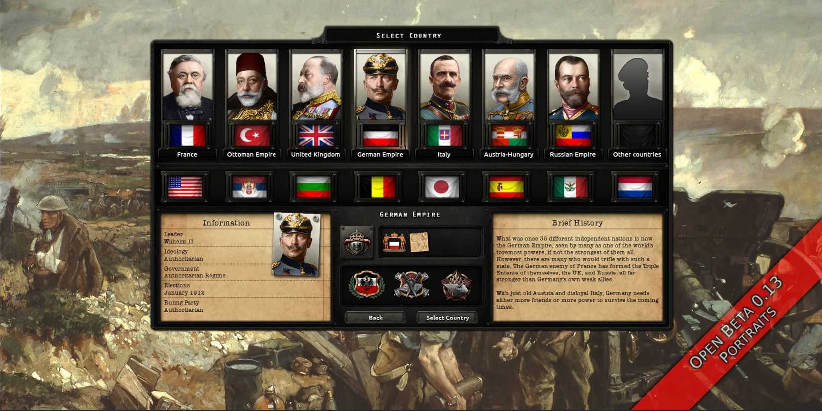 The character select screen in Hearts of Iron 4 The Great War mod