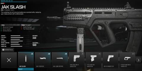 Screenshot showcasing the JAK Slash attachment in the Gunsmith menu in Modern Warfare 3 and Warzone -1