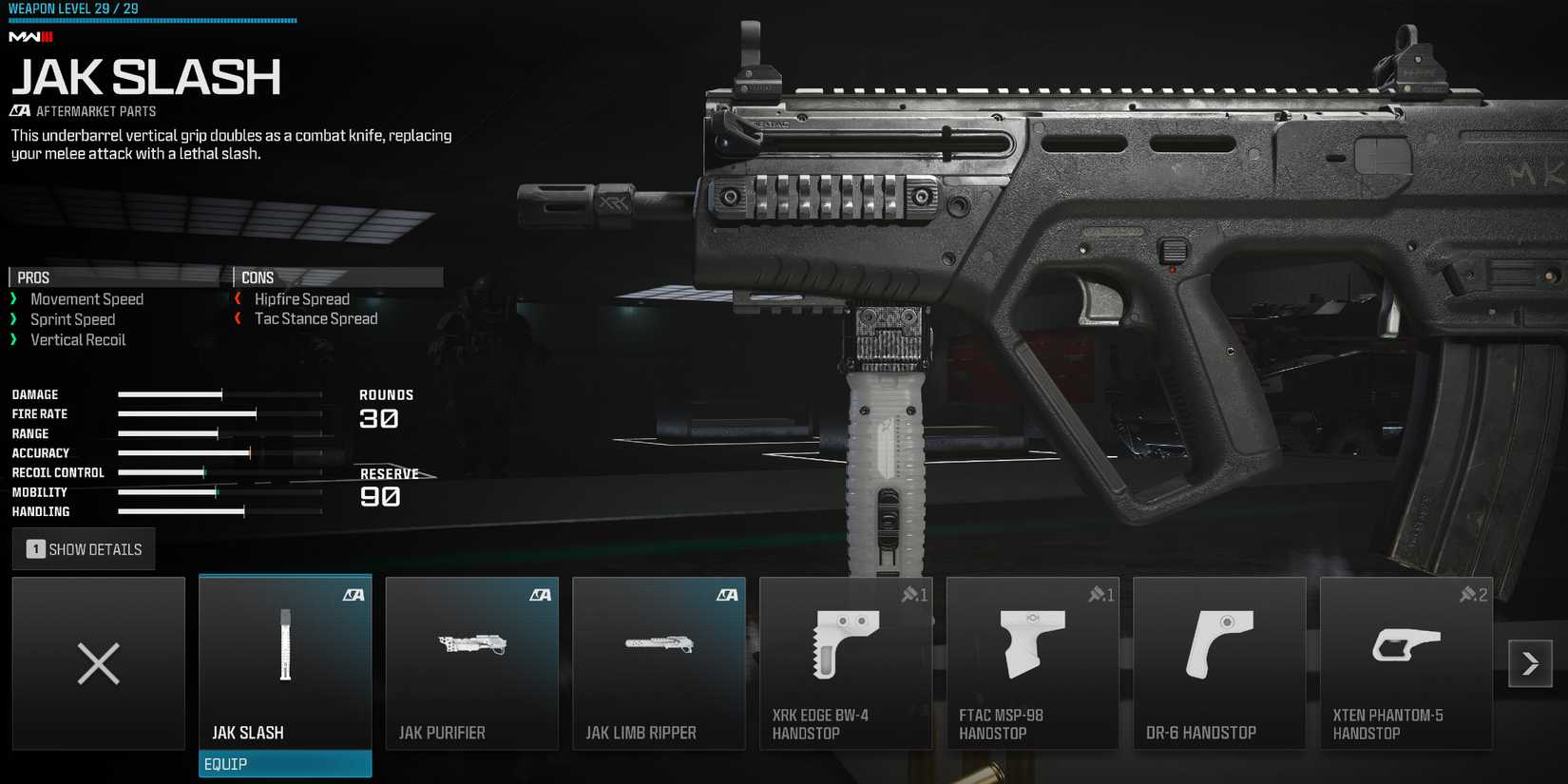 Screenshot showcasing the JAK Slash attachment in the Gunsmith menu in Modern Warfare 3 and Warzone 