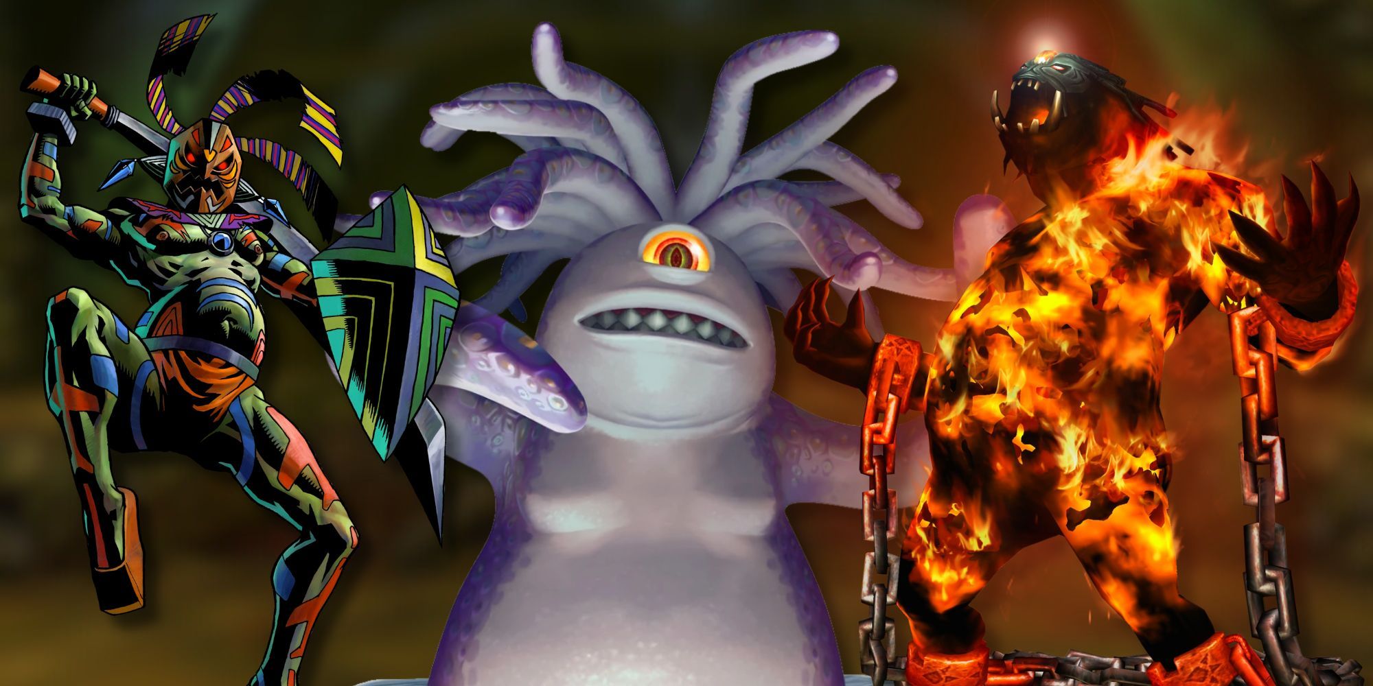 A collage of some of the easiest bosses in The Legend of Zelda series: Odalwa from Majora's Mask, Tentalus from Skyward Sword and Fyrus from Twilight Princess.