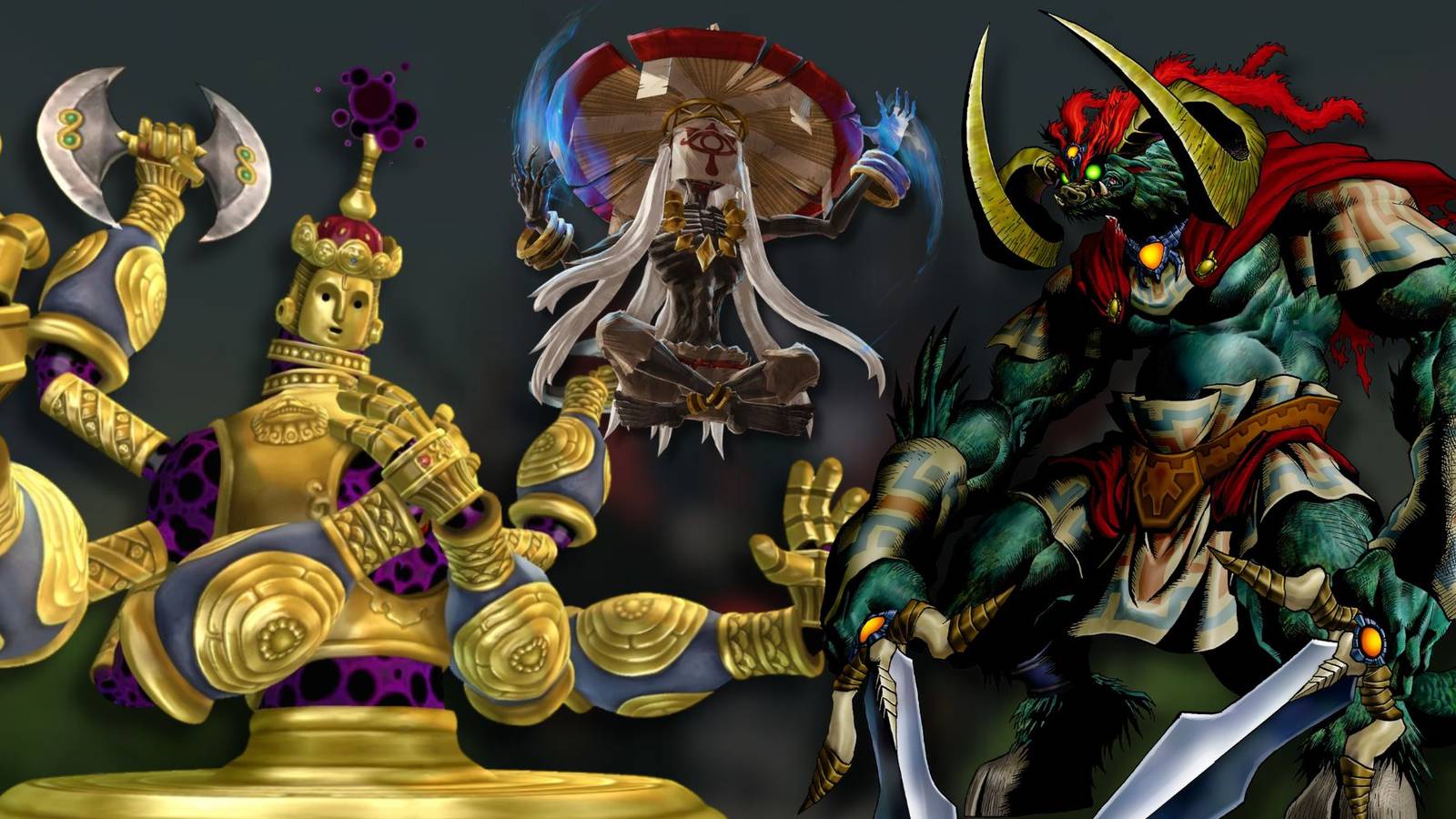 A collage of official renders of epic bosses from The Legend of Zelda series: Koloktos, Monk Maz Koshia and Beast Ganon.
