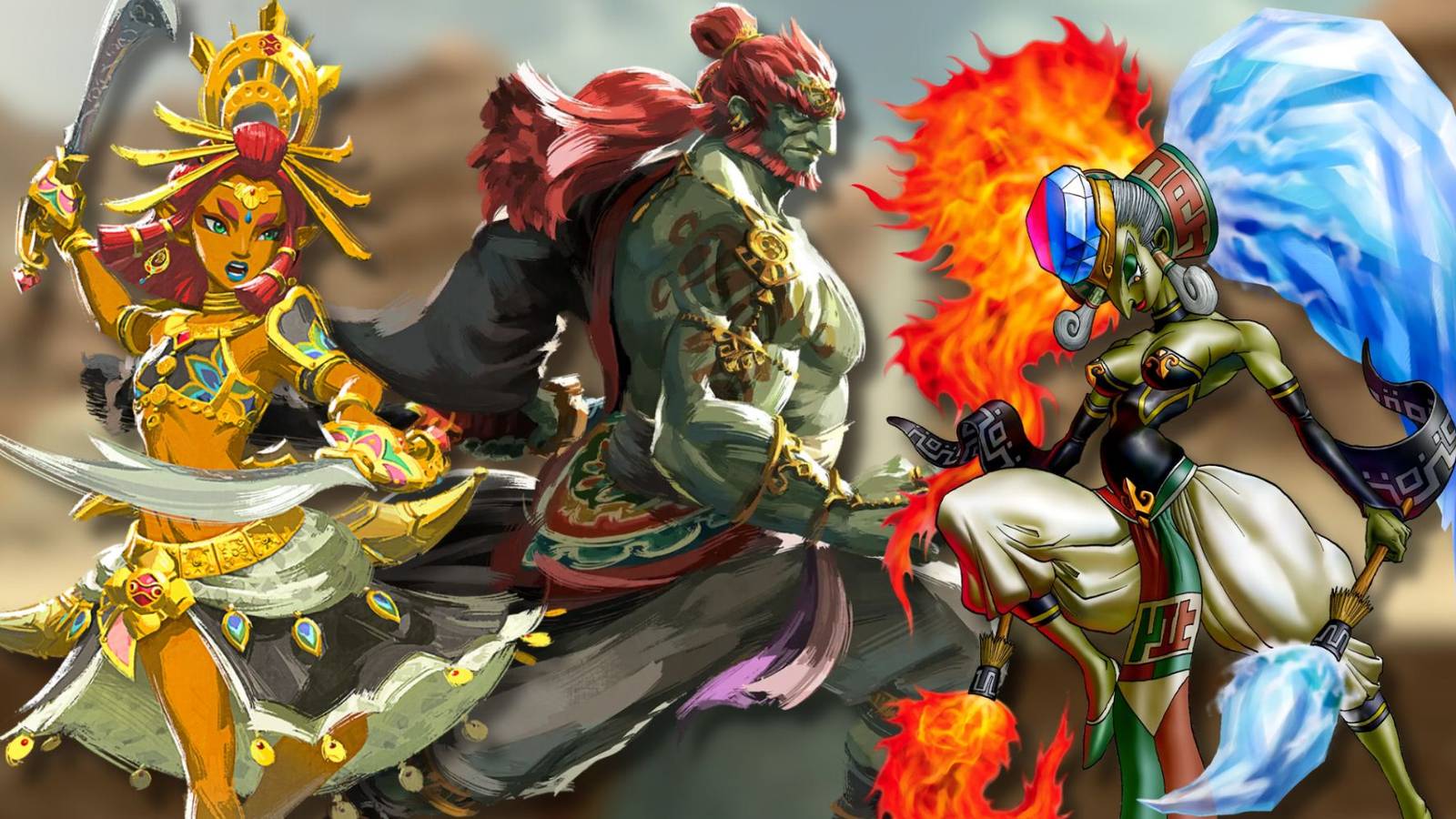 A collage of multiple strong Gerudo characters: Makeela Riju, Ganondorf and Twinrova.
