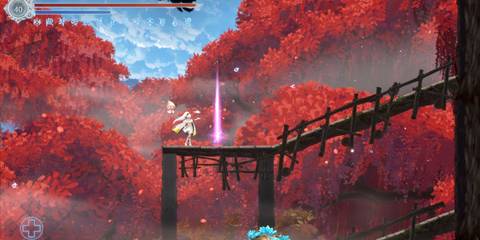 The protagonist explores a vibrant red forest on a wooden bridge. In Afterimage