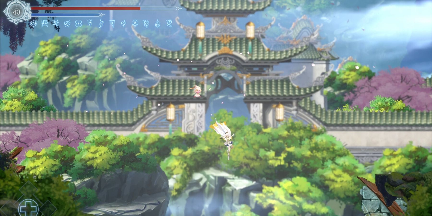 The protagonist leaps in front of a grand temple surrounded by lush trees. In Afterimage