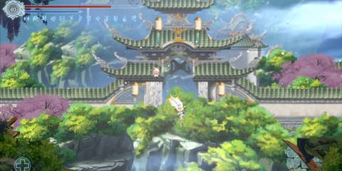 The protagonist leaps in front of a grand temple surrounded by lush trees. In Afterimage
