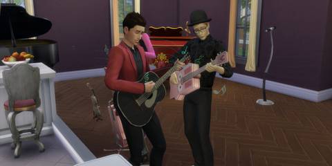 Two Sims playing guitar for a Chart-Topping Musician storyline