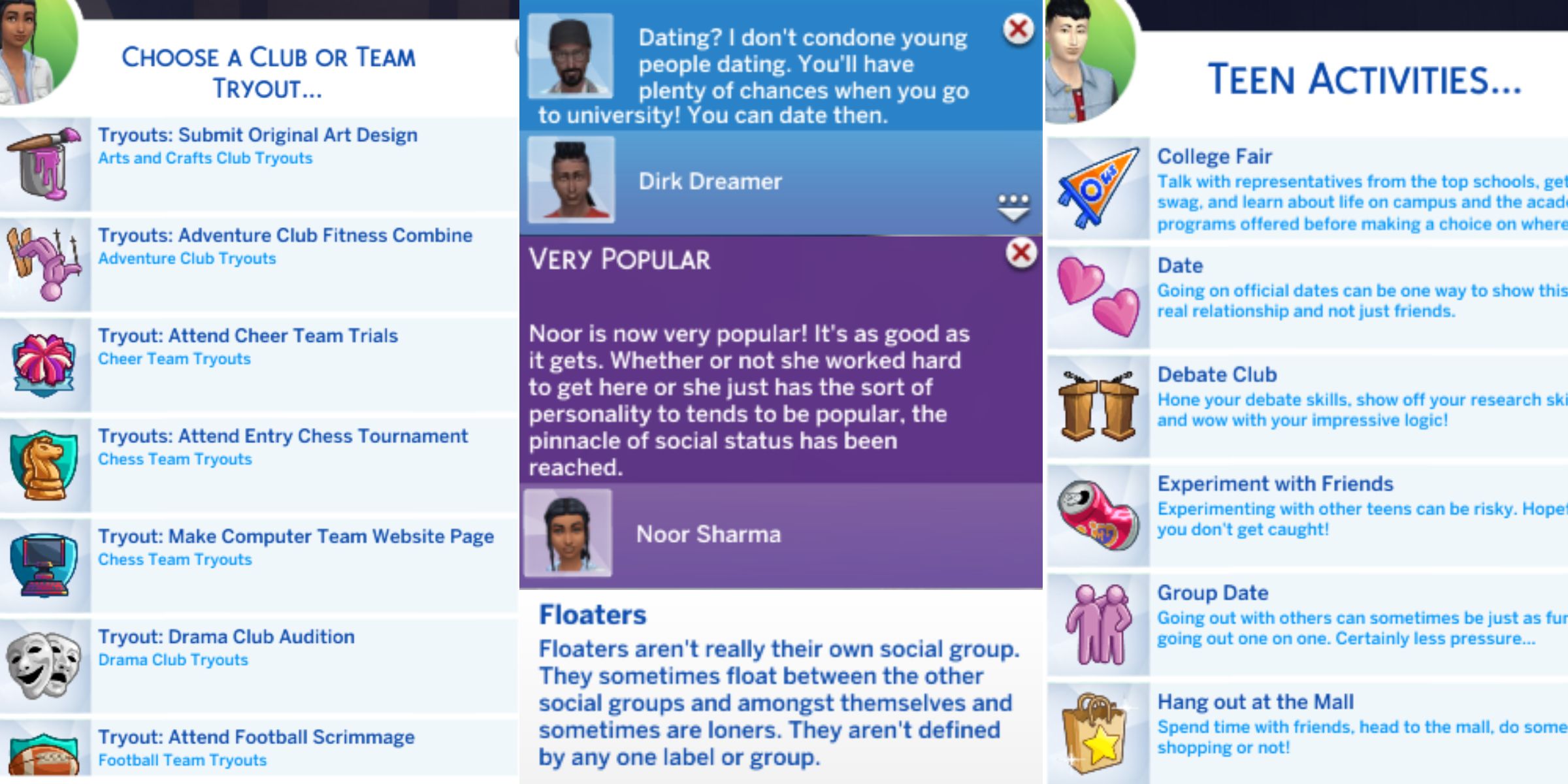 New activities, social groups, and notifications from the Dynamic Teen Life mod