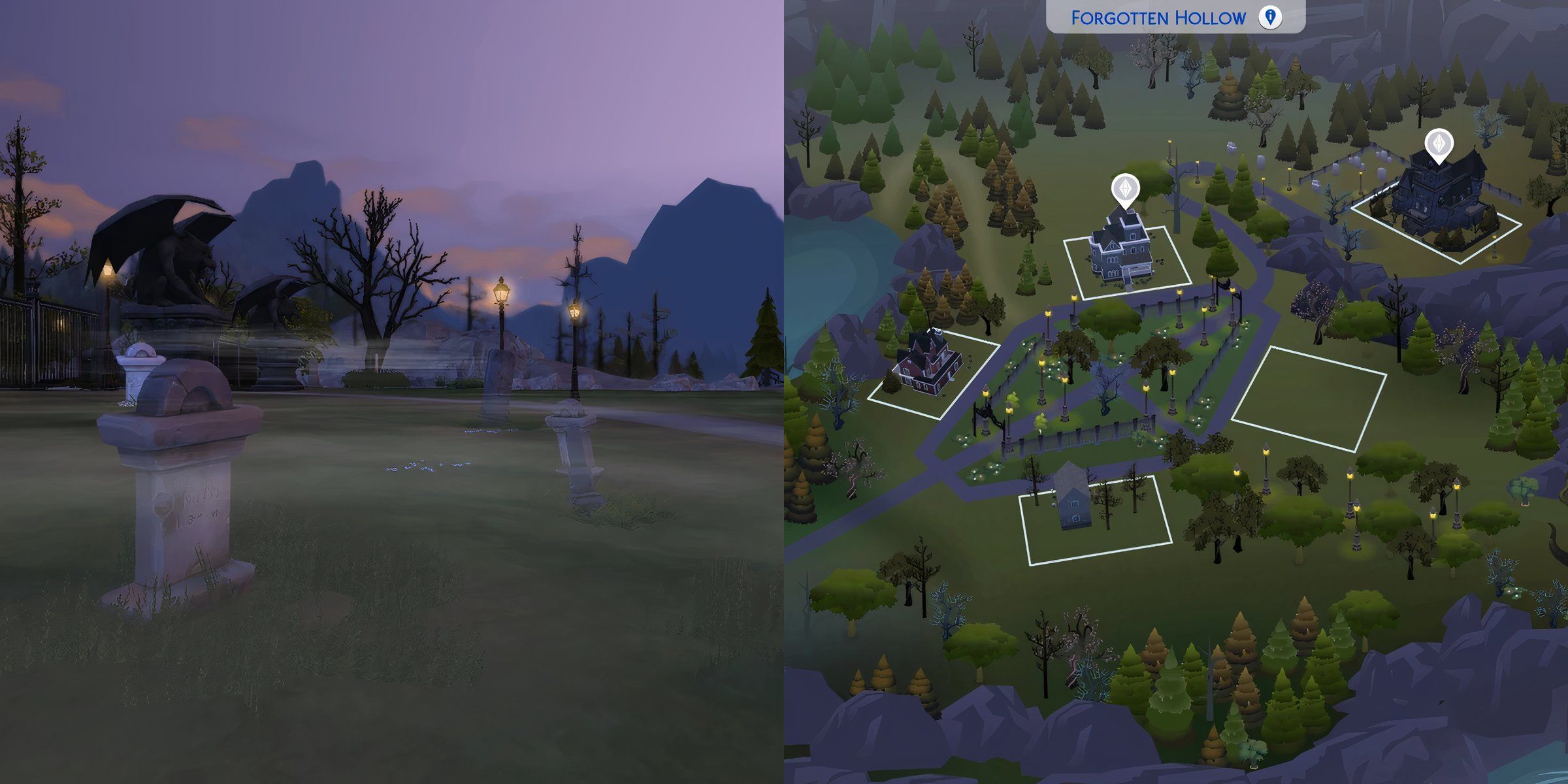 The map of Forgotten Hollow and an eery shot of a cemetery