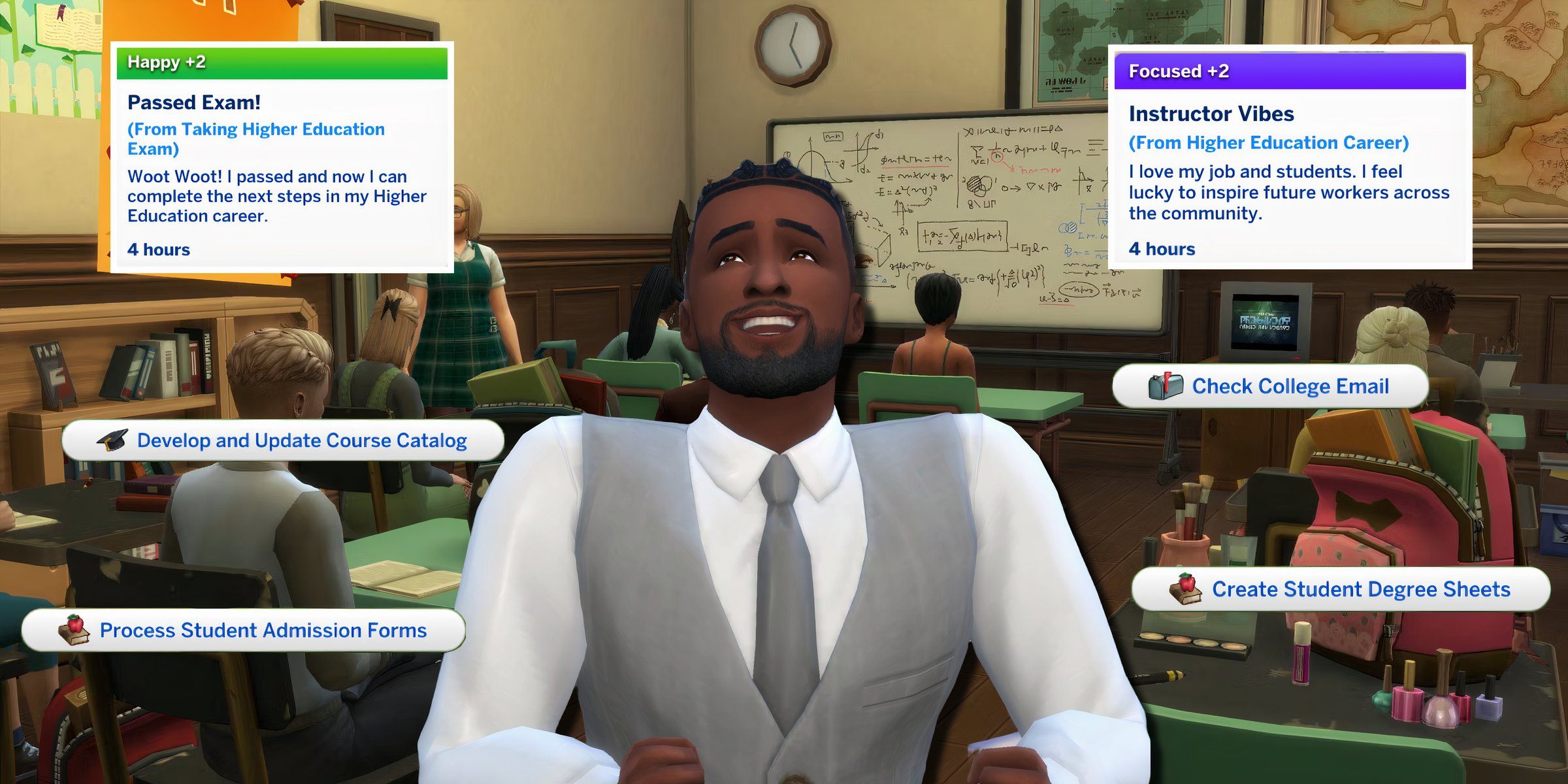 A Sim with the new interactions and mood buffs from the Higher Education Active Career mod