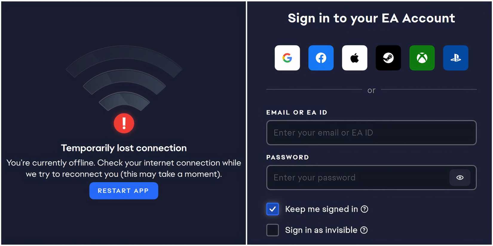 temporarily lost connection warning and keep me signed in menu