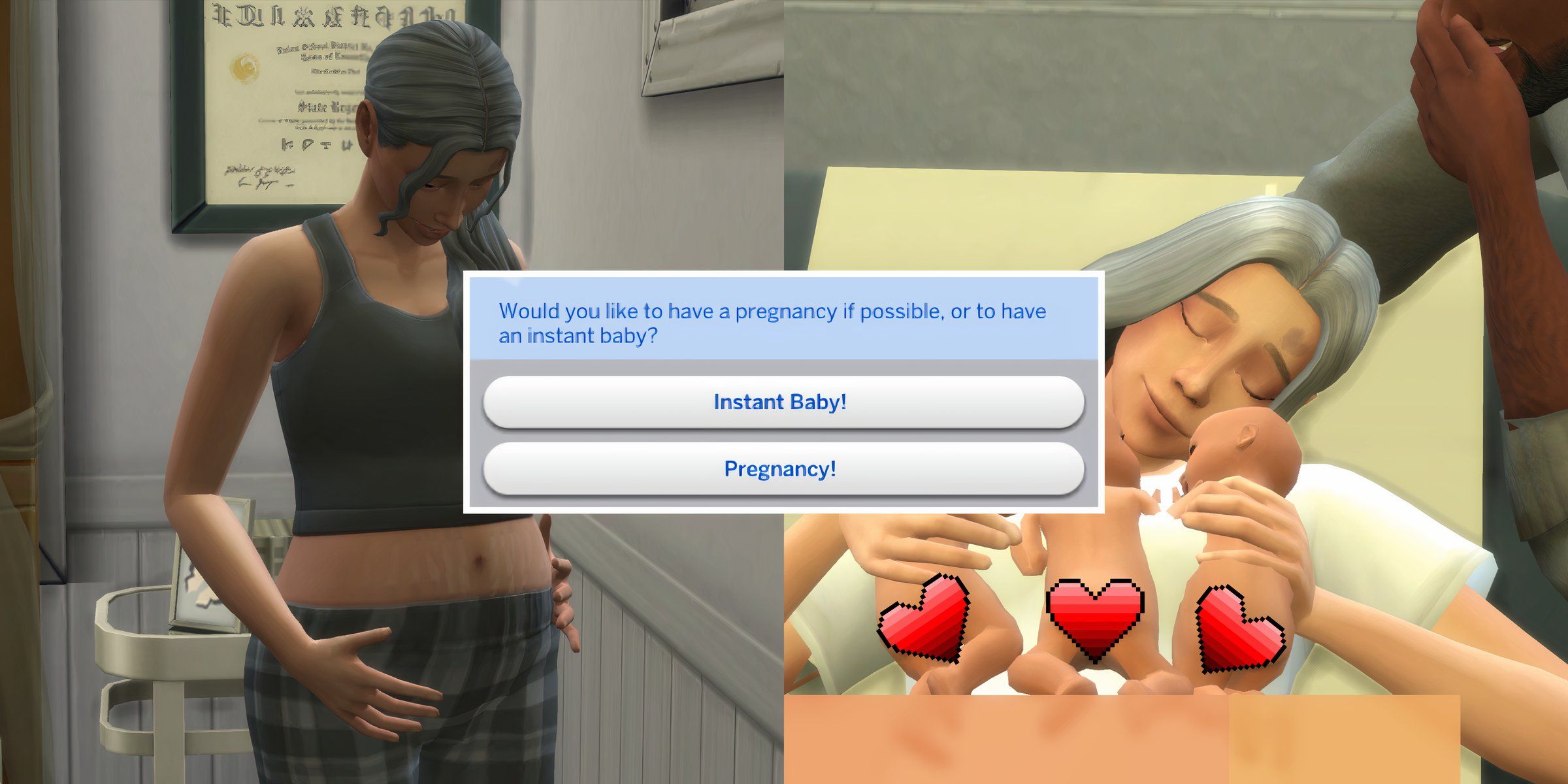 A pregnant Sim with newborn babies and the option to have a science baby pregnancy from the Science Baby Tweaks mod for The Sims 4