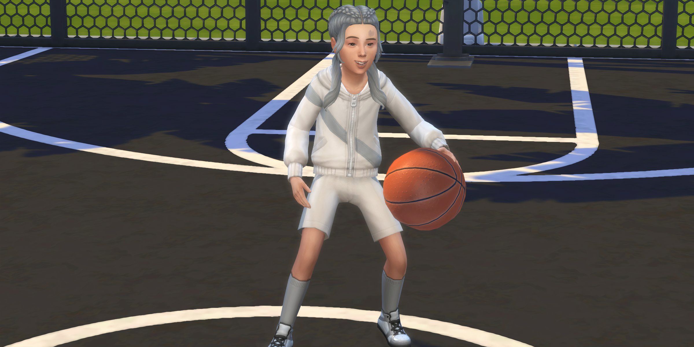 A Sim playing with a basketball