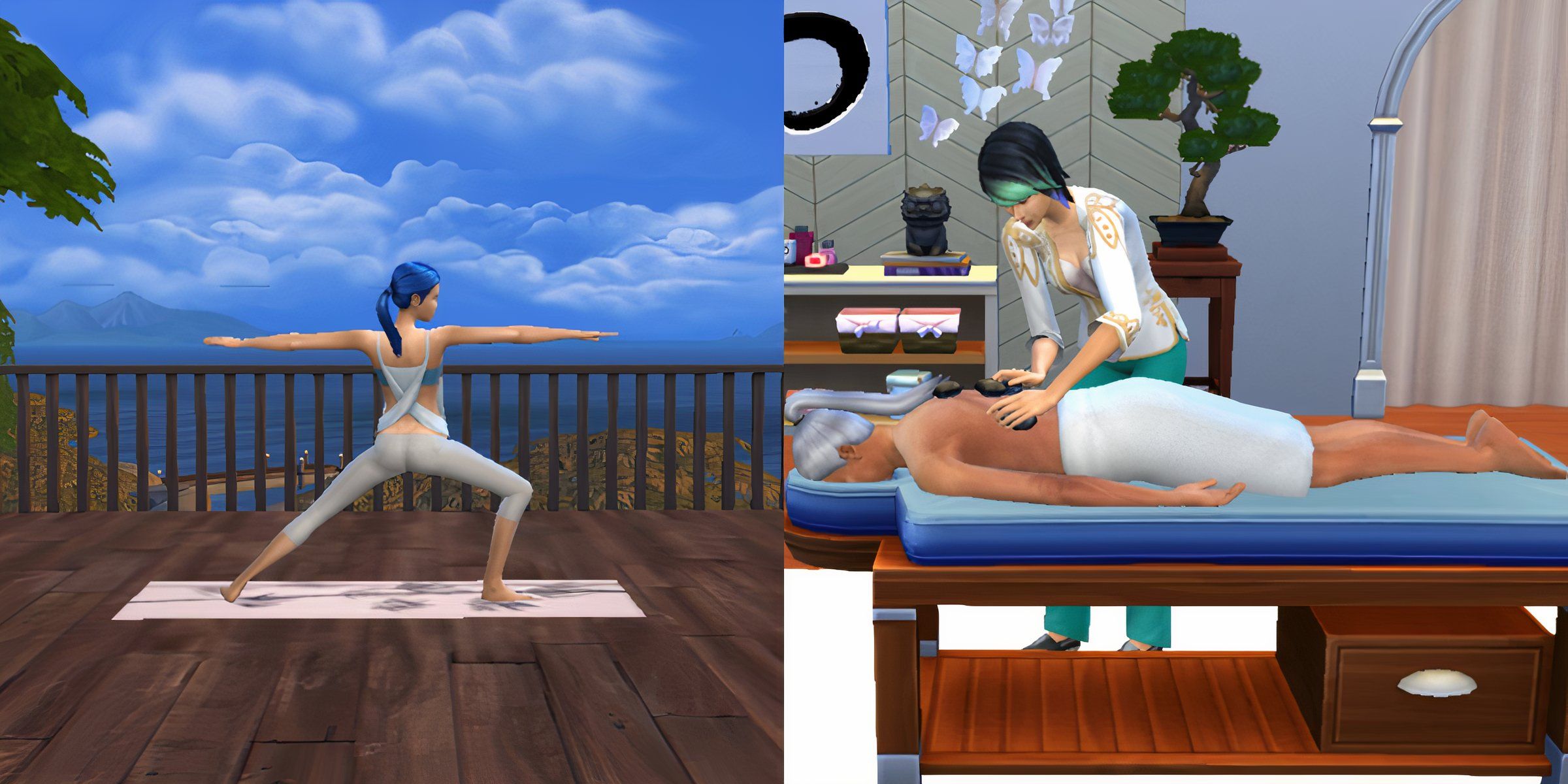 Sims doing yoga and giving massages on the massage table, tasks from the Wellness Career mod