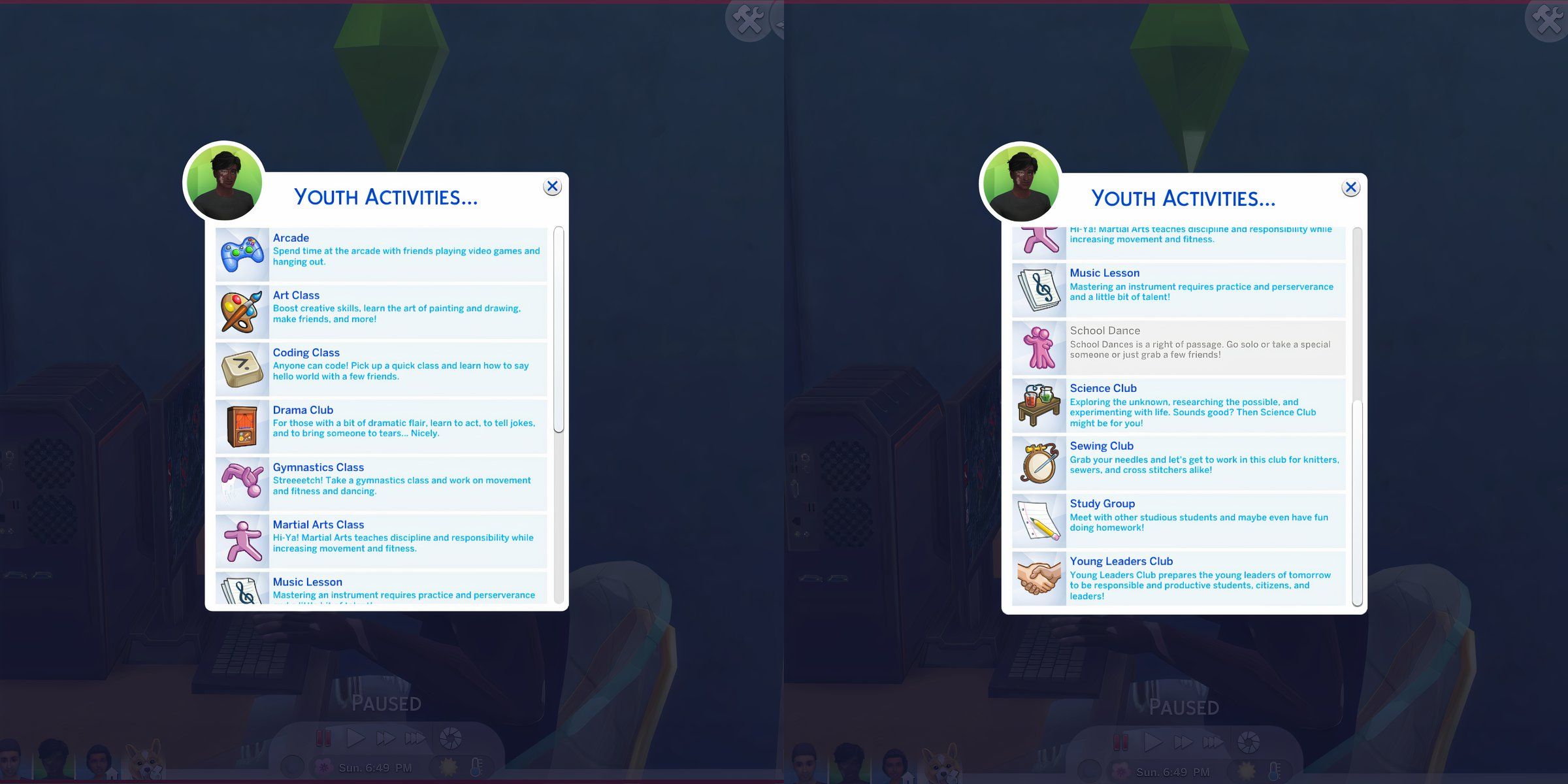 The modded options for rabbithole youth activities in The Sims 4