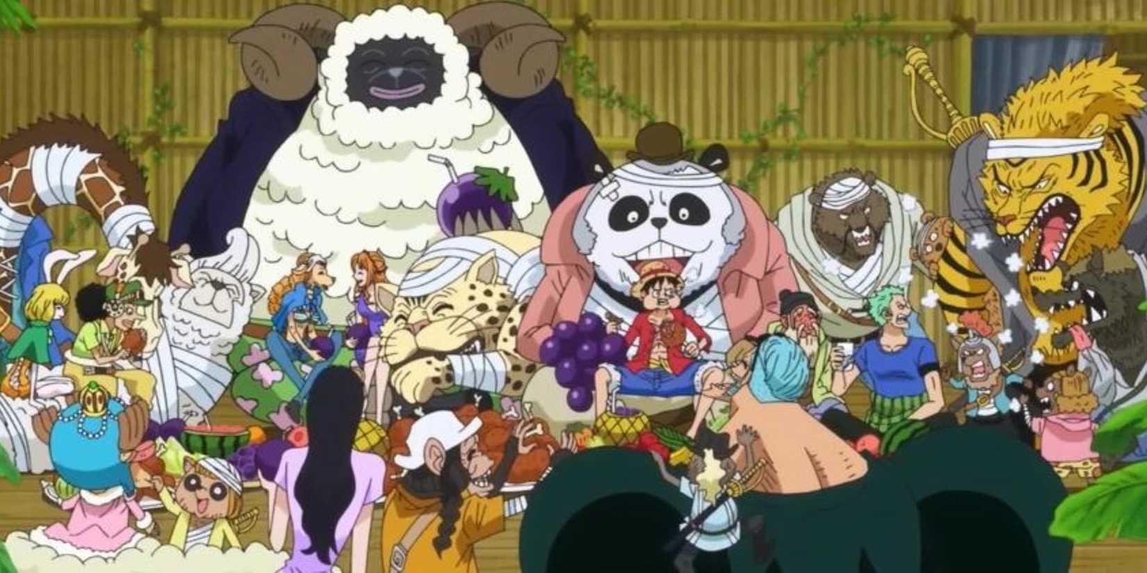 The Straw Hat Pirates share a meal with various members of the Mink Tribe.