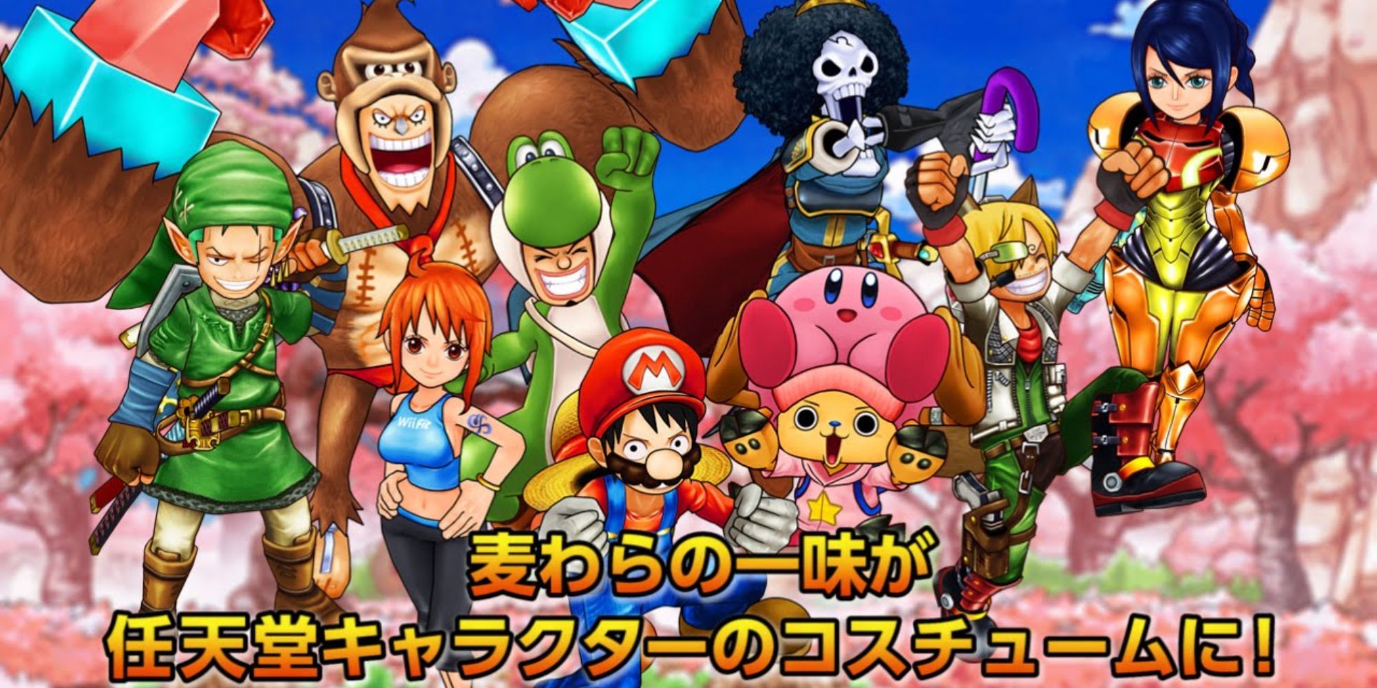 The Straw Hat Pirates wearing different themed Nintendo costumes.