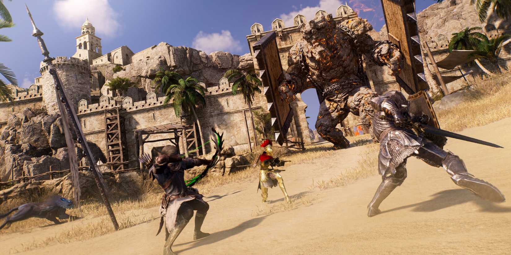 Throne and Liberty promo screenshot desert stone golem battle archer