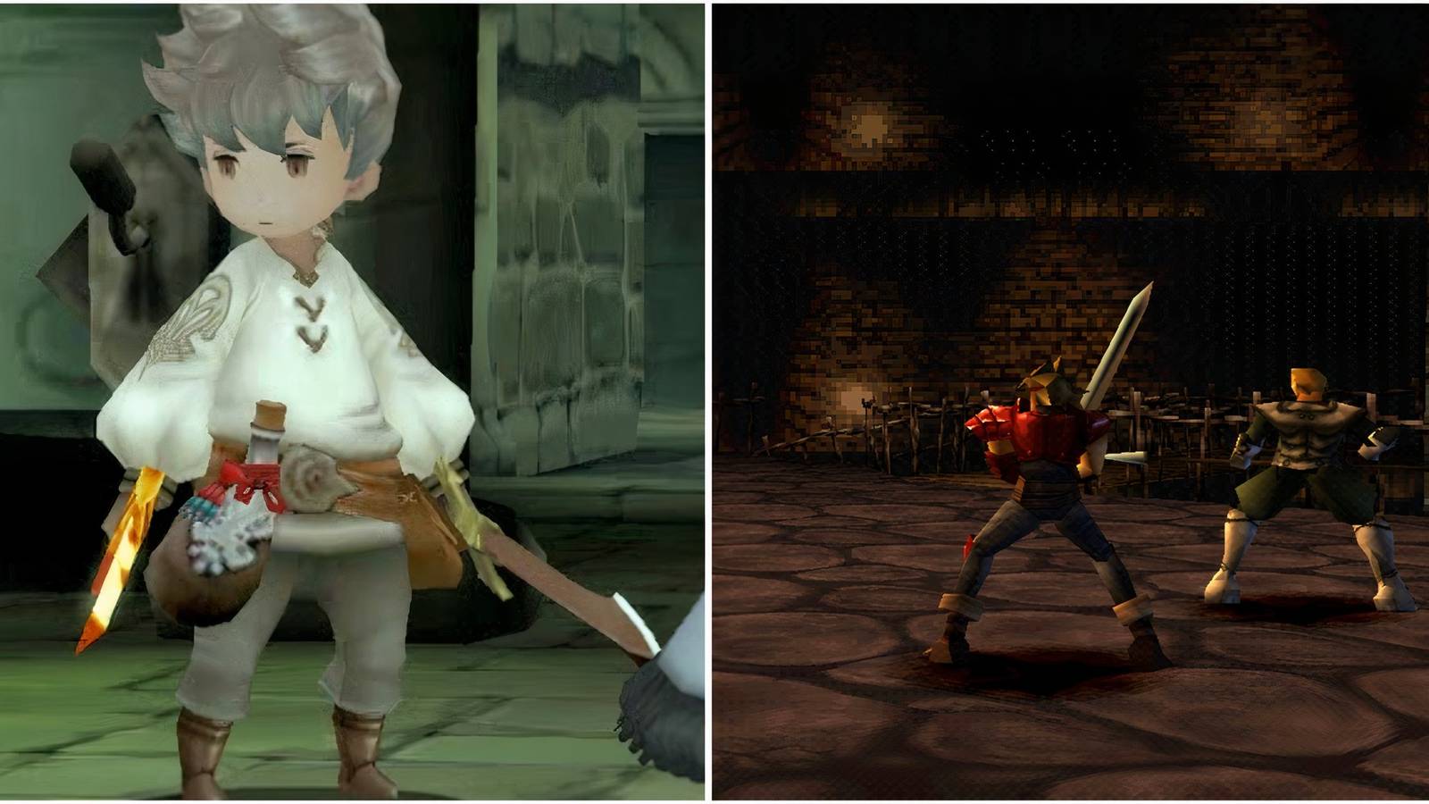 Tiz in Bravely Default and Fighting a battle in The Legend of Dragoon