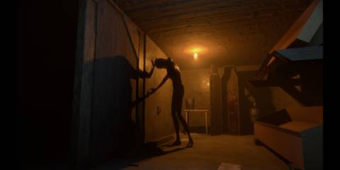 A corridor lit by an orange light with a distorted figure leaning against the wall in The Mortuary Assistant