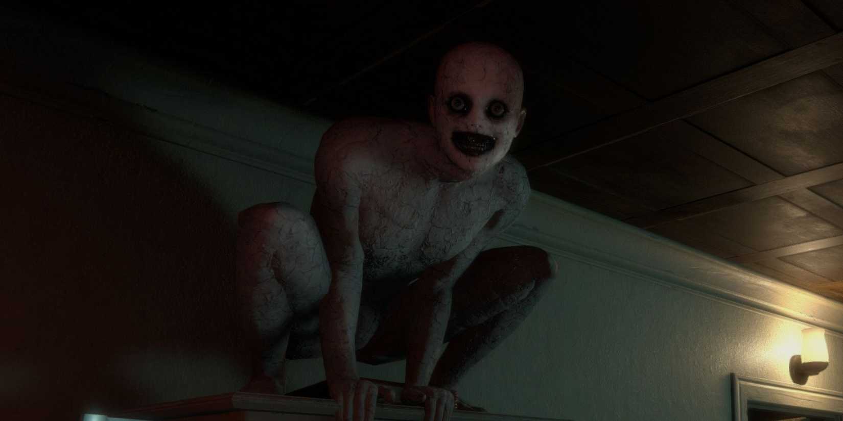 A creepy humanoid creature perched on a cabinet staring into the camera in The Mortuary Assistant