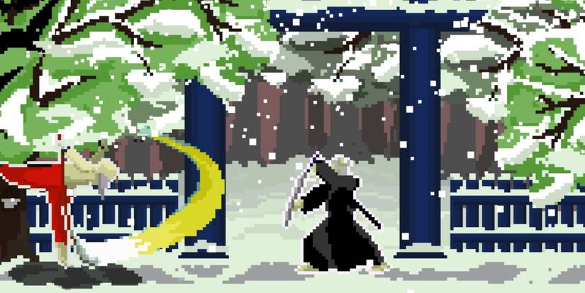 Two Sword-Wielding Fighters Attack One Another In The Snow