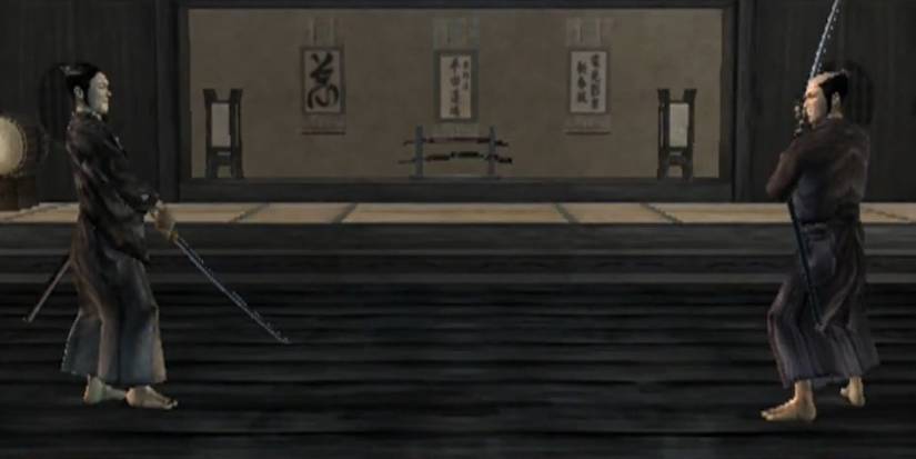 Two Sword-Wielding Fighters Stand Ready To Attack In A Dojo