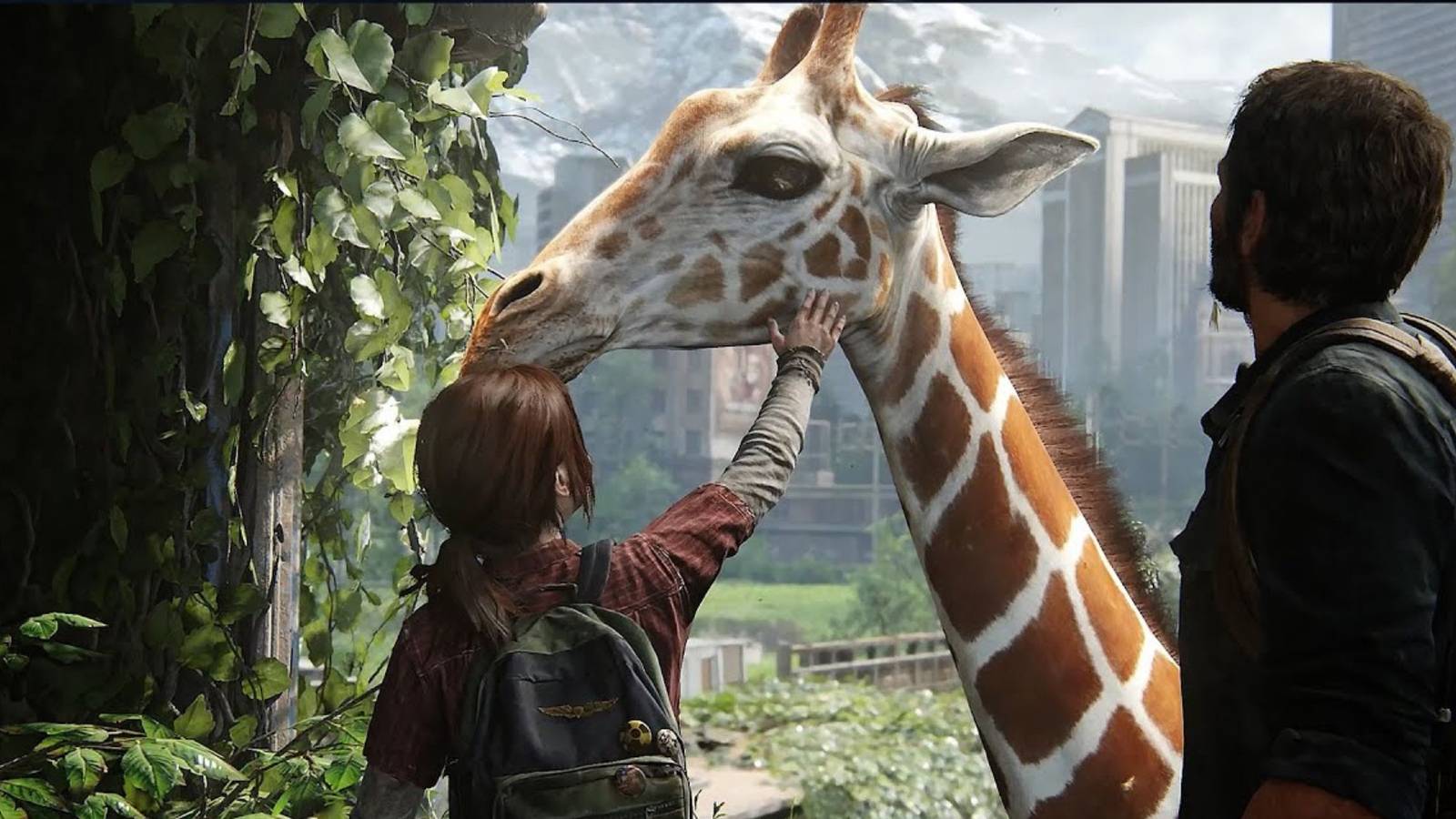 ellie and joel petting the giraffe in The Last of Us