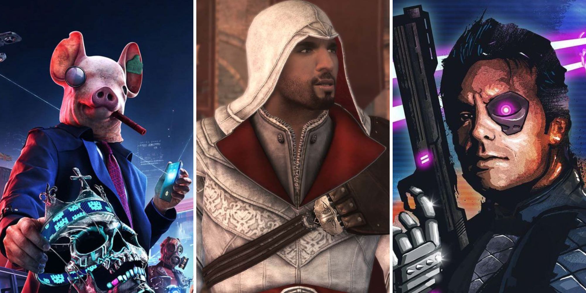 A split image of the Ubisoft games - Watch Dogs Legion, Assassin’s Creed 2, and Far Cry 3: Blood Dragon