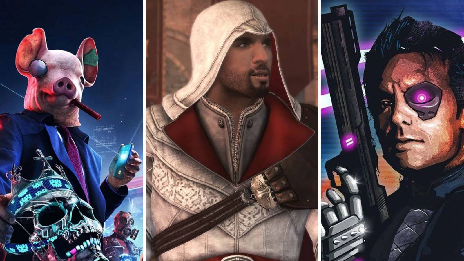 A split image of the Ubisoft games - Watch Dogs Legion, Assassin’s Creed 2, and Far Cry 3: Blood Dragon