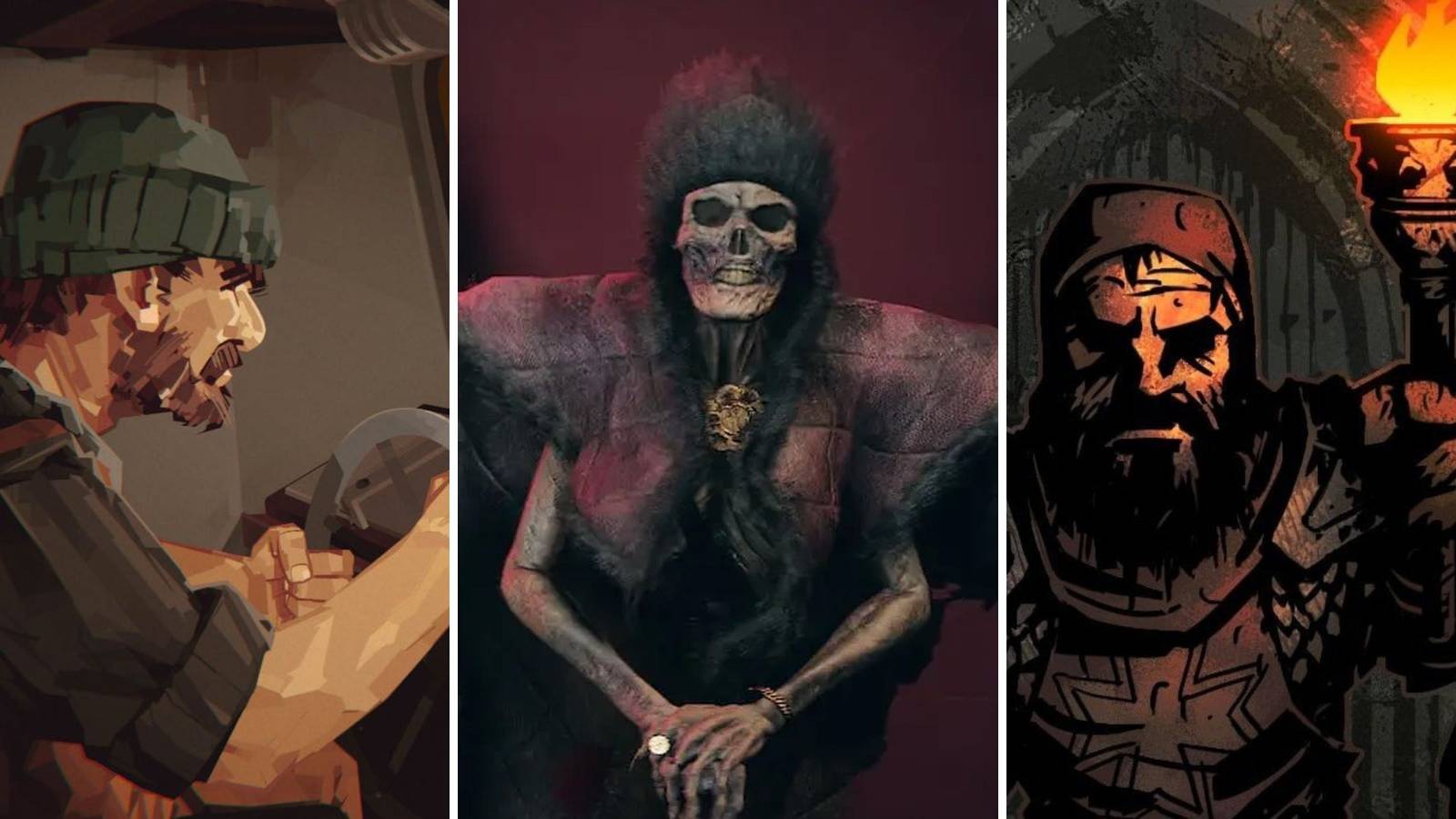 A grid showing the Lovecraftian strategy games Dredge, The Thaumaturge, and Darkest Dungeon