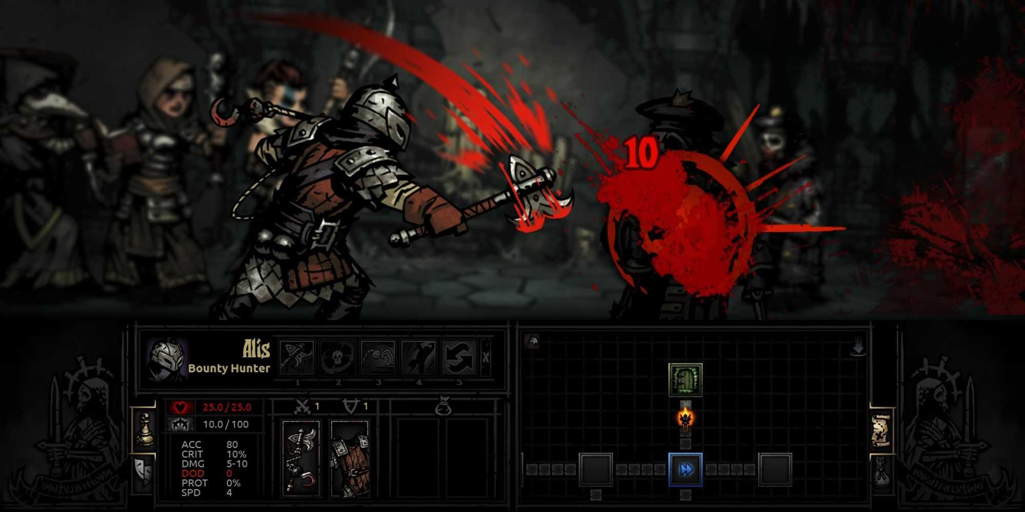 A Bounty Hunter attacking in Darkest Dungeon