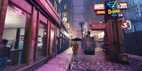 A person in the rain in Shadows of Doubt