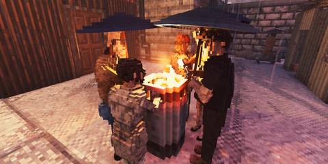 Four NPCs standing around a burning bin in the rain in Shadows of Doubt