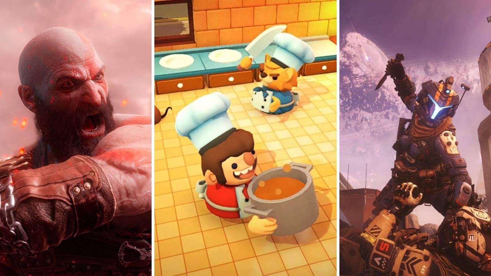 A grid showing the three games God of War: Ragnarok, Overcooked 2, and Titanfall 2