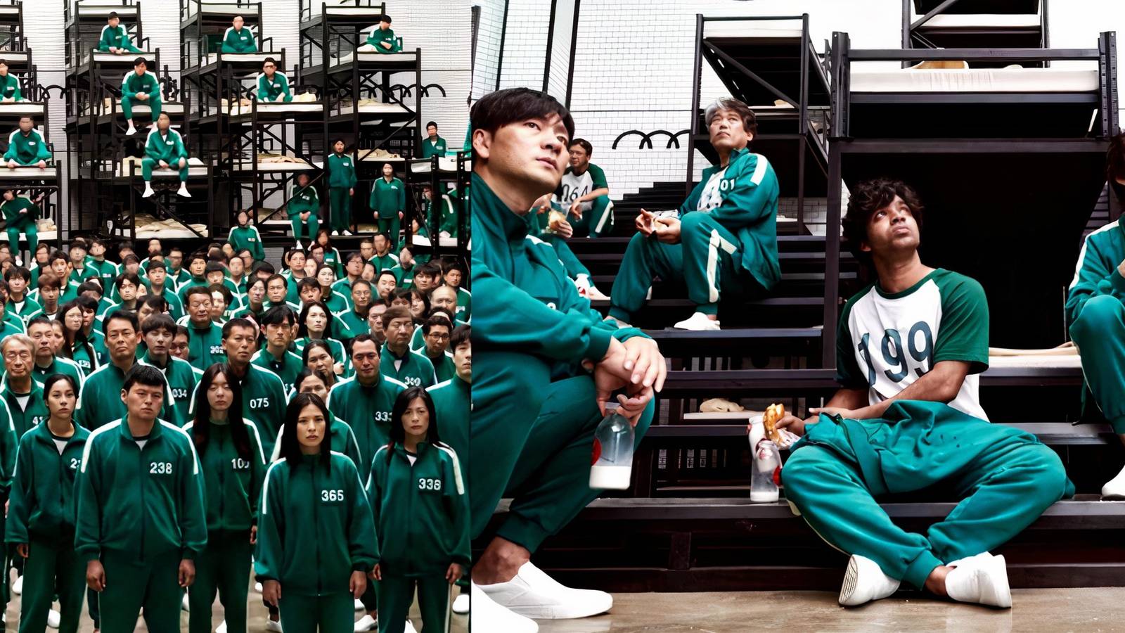 Squid Game contestants, the full group on the left, the mains on the right