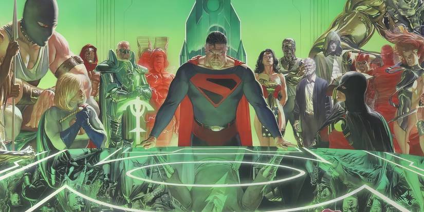 Superman standing over a table with his allies behind him in Kingdom Come