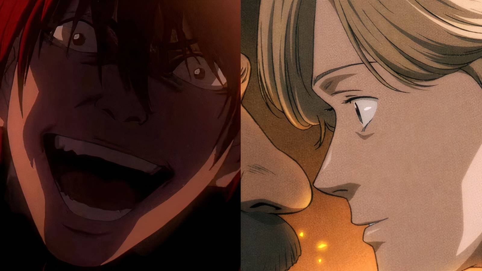 Light Yagami laughing (left) Johan Liebert staring (right)