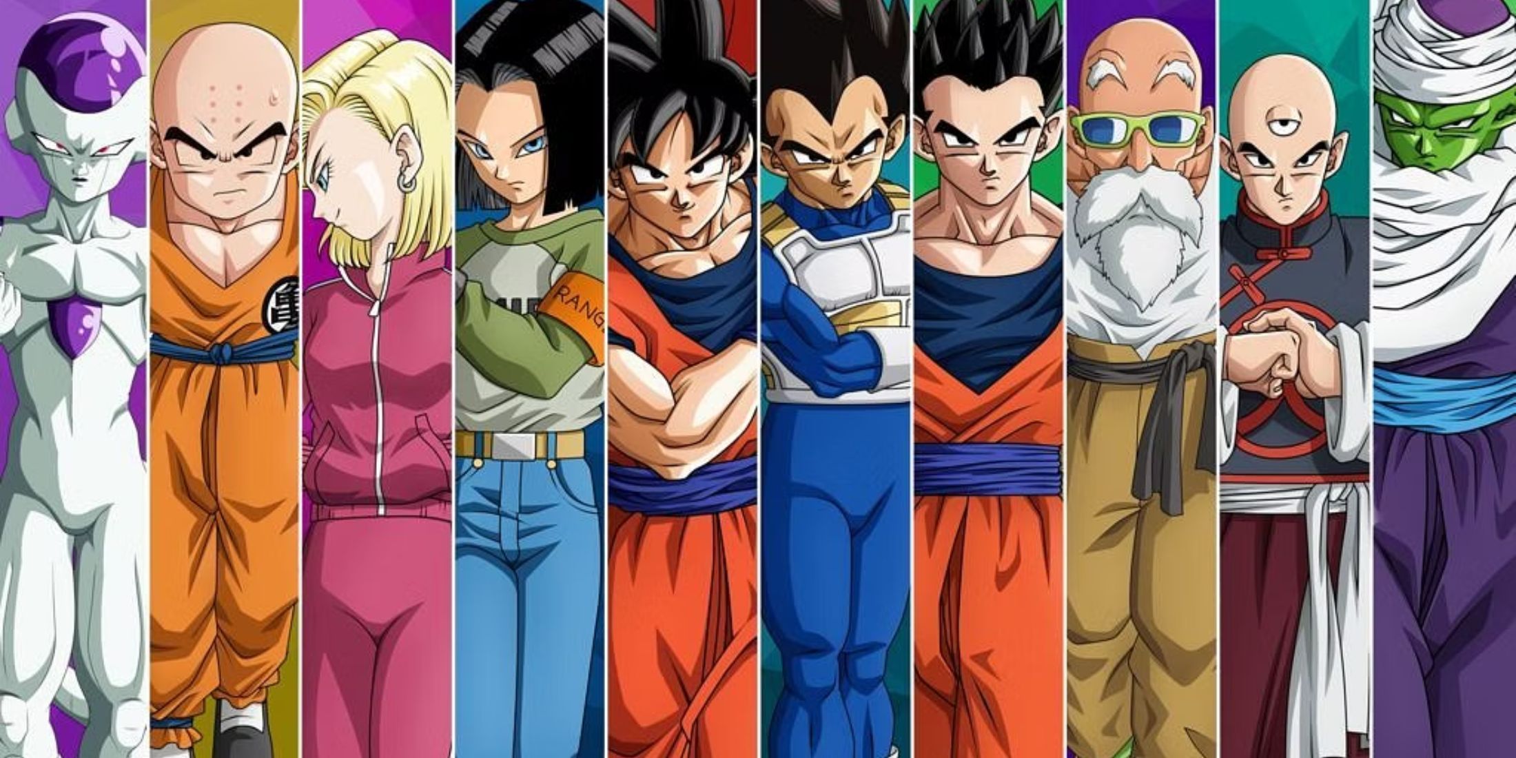 Promotional image of the Universe 7 Z Fighters during the Tournament of Power. Pictured from left to right: Frieza, Krillin, Android 18, Android 17, Goku, Vegeta, Gohan, Roshi, Tien, Piccolo